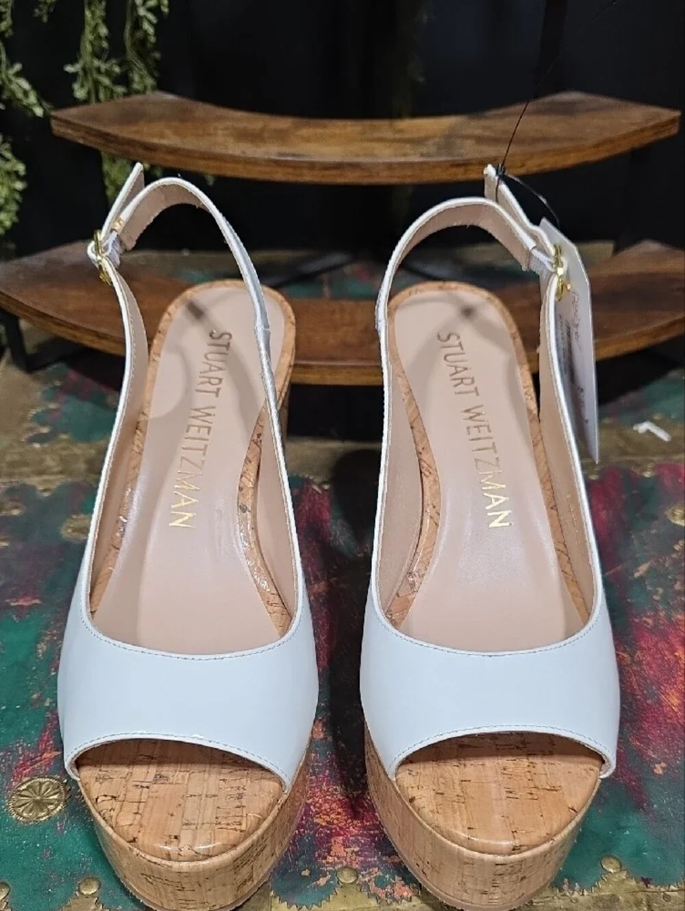 Stuart Weitzman White Cork Wedge Slingback Sandals